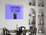startled black cat on periwinkle purple glass wall art leaning beside a dark leather sofa