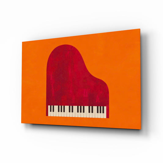 Red Grand Piano Orange Minimalist Glass Wall Art - Lifestyle preview in a designer interior