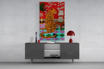 spotted leopard in a bold interior glass wall art styled in an atmospheric room setting