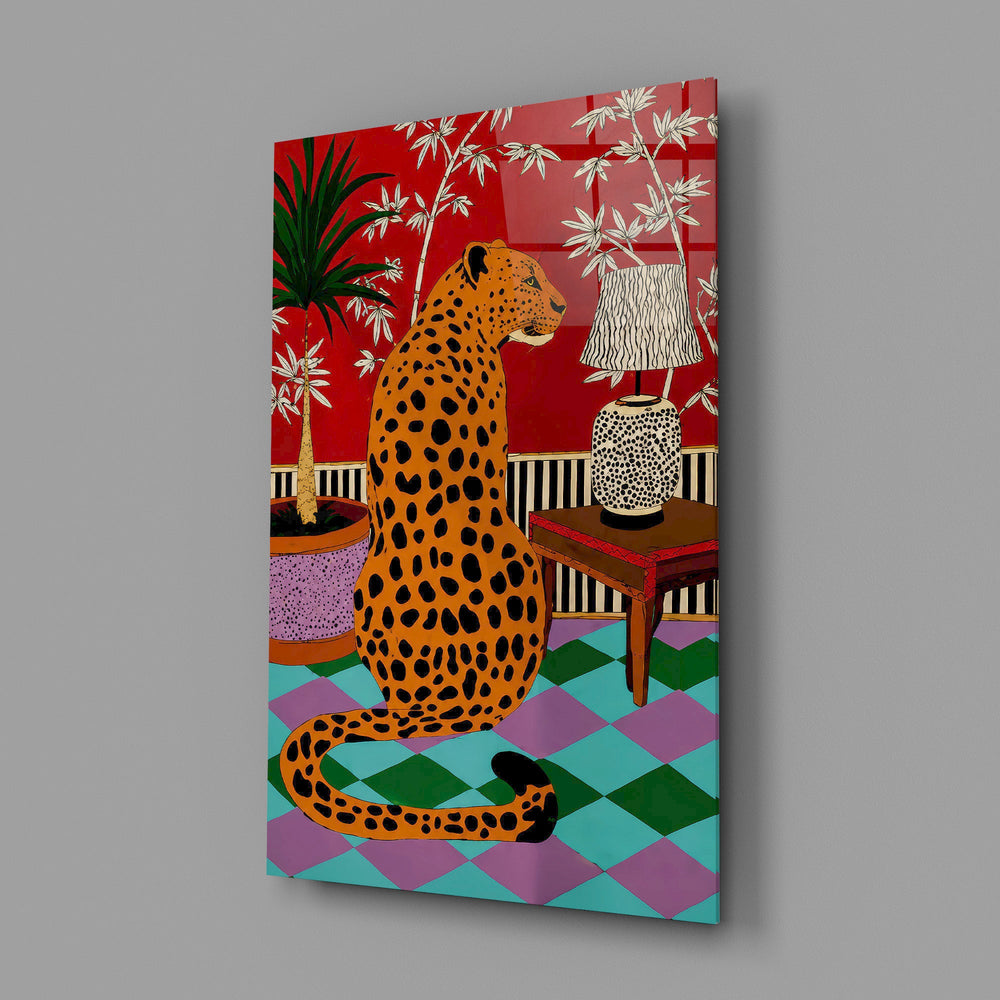 spotted leopard in a bold interior glass wall art angled to show the polished tempered glass panel