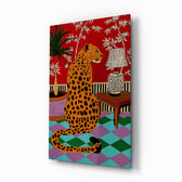 Seated Leopard Bold Chinoiserie Glass Wall Art - Lifestyle preview in a designer interior