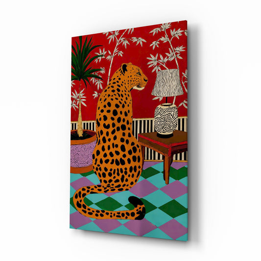 Seated Leopard Bold Chinoiserie Glass Wall Art - Lifestyle preview in a designer interior