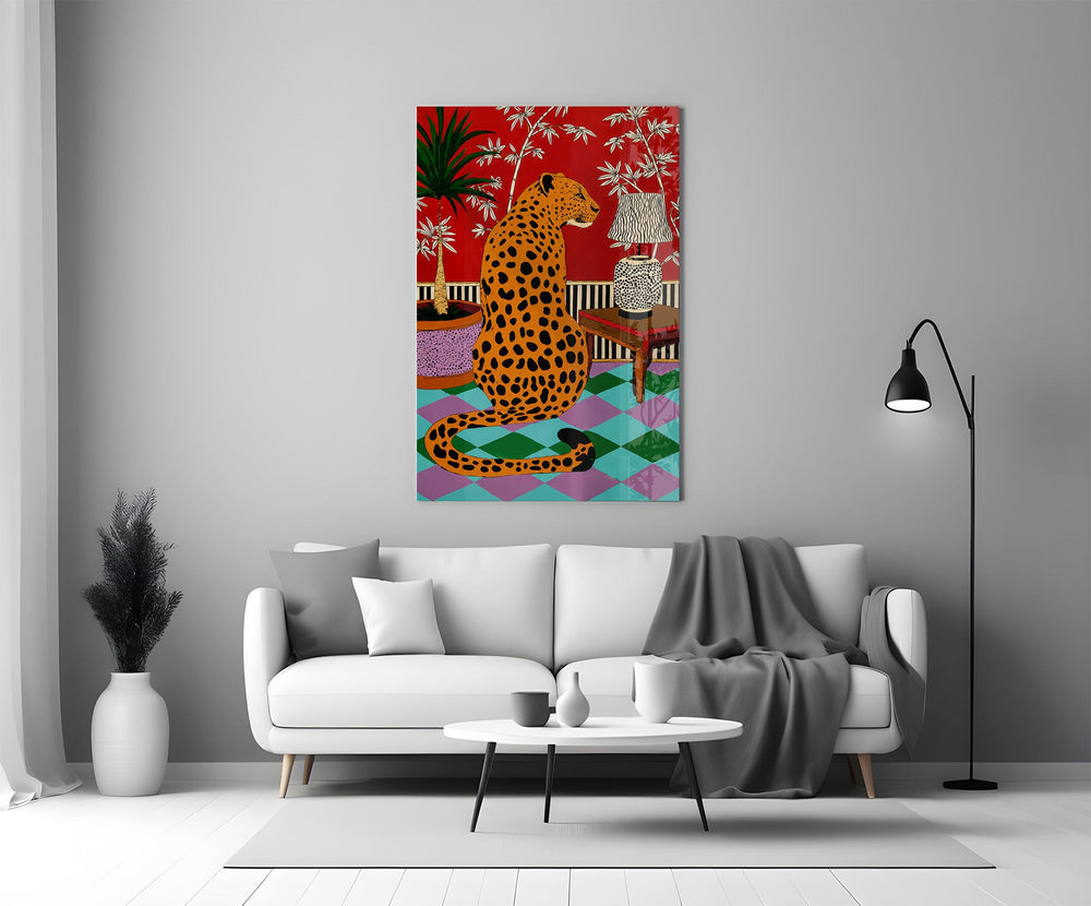 spotted leopard in a bold interior panel bringing character to a minimalist living room wall
