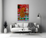 spotted leopard in a bold interior panel bringing character to a minimalist living room wall