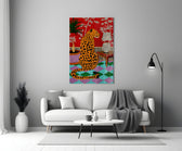 spotted leopard in a bold interior panel bringing character to a minimalist living room wall