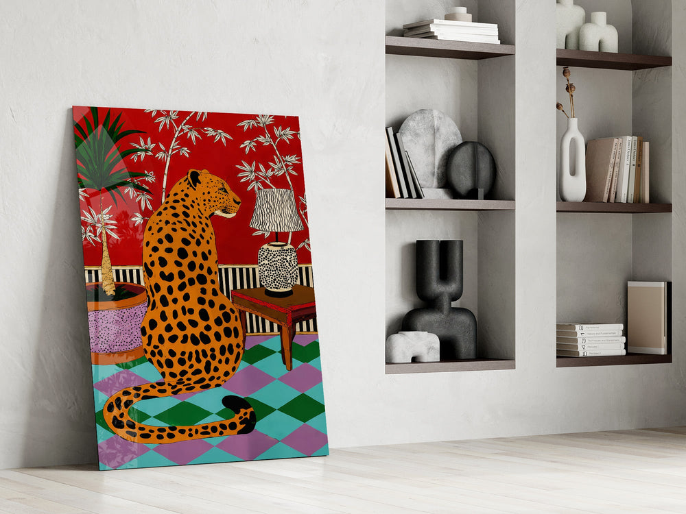 spotted leopard in a bold interior panel resting in a shelving niche in a modern interior