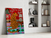 spotted leopard in a bold interior panel resting in a shelving niche in a modern interior