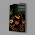 martini cocktail on a golden bar cart glass wall art angled to show the polished tempered glass panel