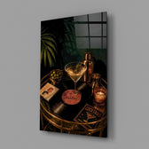 martini cocktail on a golden bar cart glass wall art angled to show the polished tempered glass panel