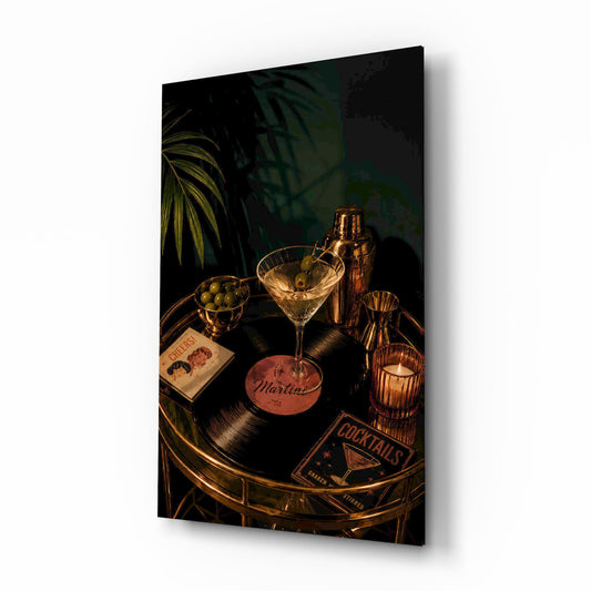 Martini Cocktail Golden Bar Cart Glass Wall Art - Lifestyle preview in a designer interior