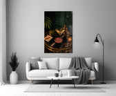 martini cocktail on a golden bar cart panel bringing character to a minimalist living room wall
