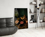 martini cocktail on a golden bar cart glass wall art leaning beside a dark leather sofa