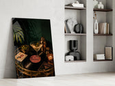 martini cocktail on a golden bar cart panel resting in a shelving niche in a modern interior