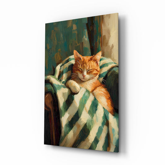 Sleeping Ginger Cat Impressionist Glass Wall Art - Lifestyle preview in a designer interior