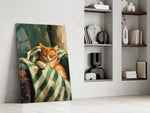 sleeping ginger cat in a striped blanket panel resting in a shelving niche in a modern interior