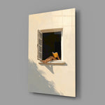 reader's legs in a sunlit window glass wall art angled to show the polished tempered glass panel