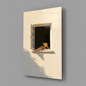 reader's legs in a sunlit window glass wall art angled to show the polished tempered glass panel