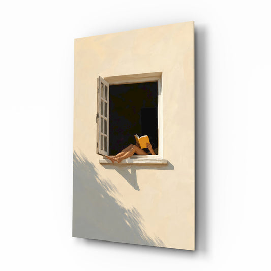 Open Window Reader Sunlit Facade Glass Wall Art - Lifestyle preview in a designer interior