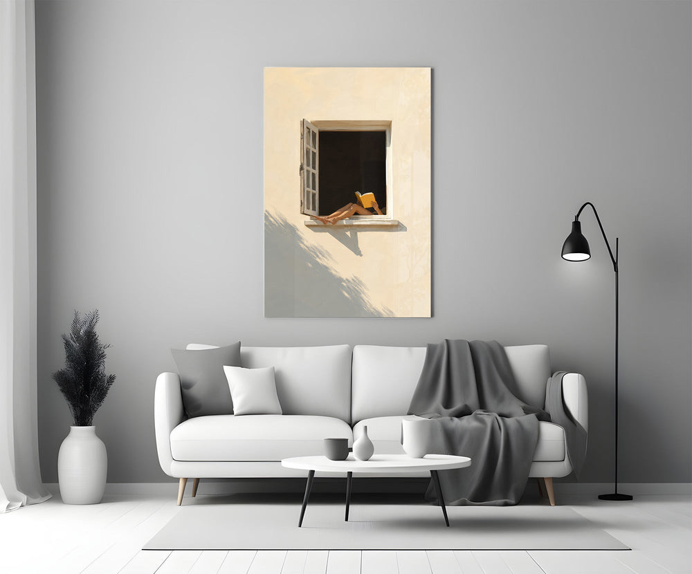 reader's legs in a sunlit window panel bringing character to a minimalist living room wall