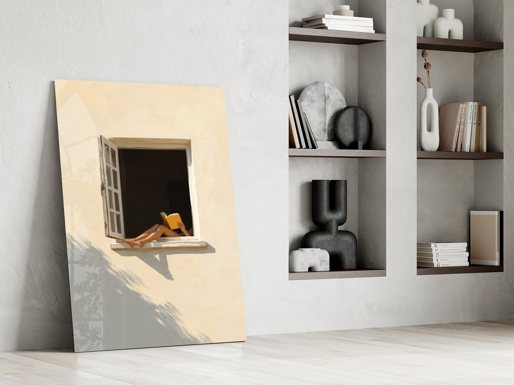 reader's legs in a sunlit window panel resting in a shelving niche in a modern interior