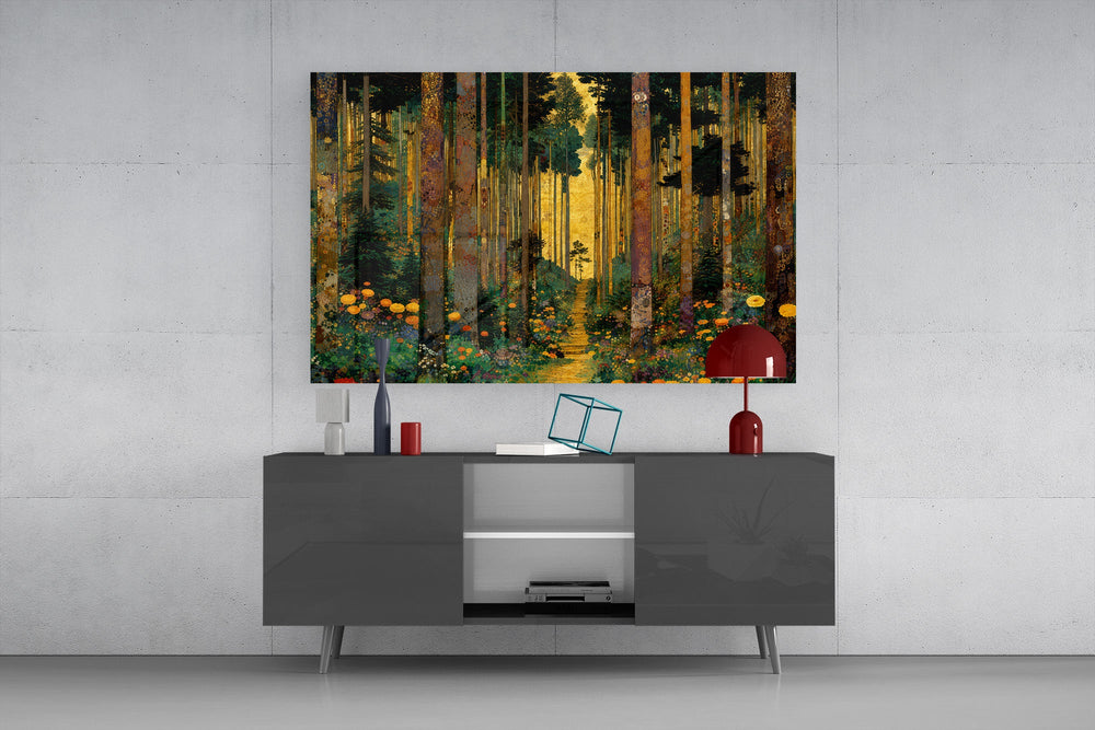 golden forest path through patterned trunks glass wall art styled in an atmospheric room setting