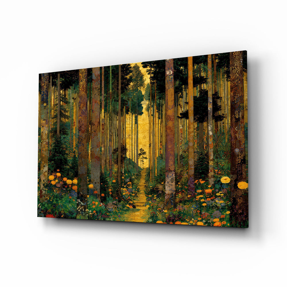 Golden Forest Path Ornamented Tree Trunks Glass Wall Art - Lifestyle preview in a designer interior