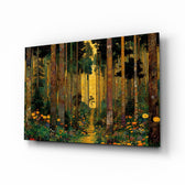 Golden Forest Path Ornamented Tree Trunks Glass Wall Art - Lifestyle preview in a designer interior