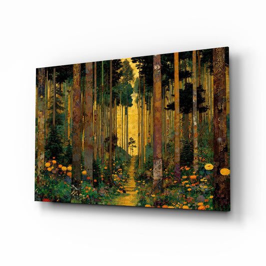 Golden Forest Path Ornamented Tree Trunks Glass Wall Art - Lifestyle preview in a designer interior