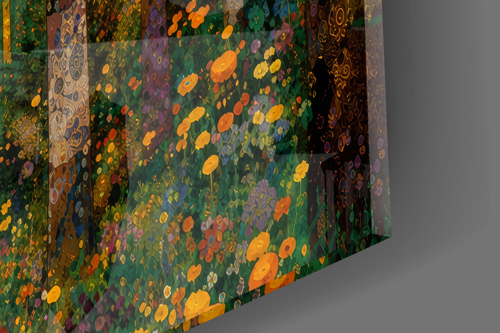 Close-up detail of the mosaic-patterned bark and marigold wildflowers along the trail on the glass surface
