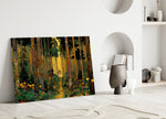 golden forest path through patterned trunks panel bringing character to a minimalist living room wall