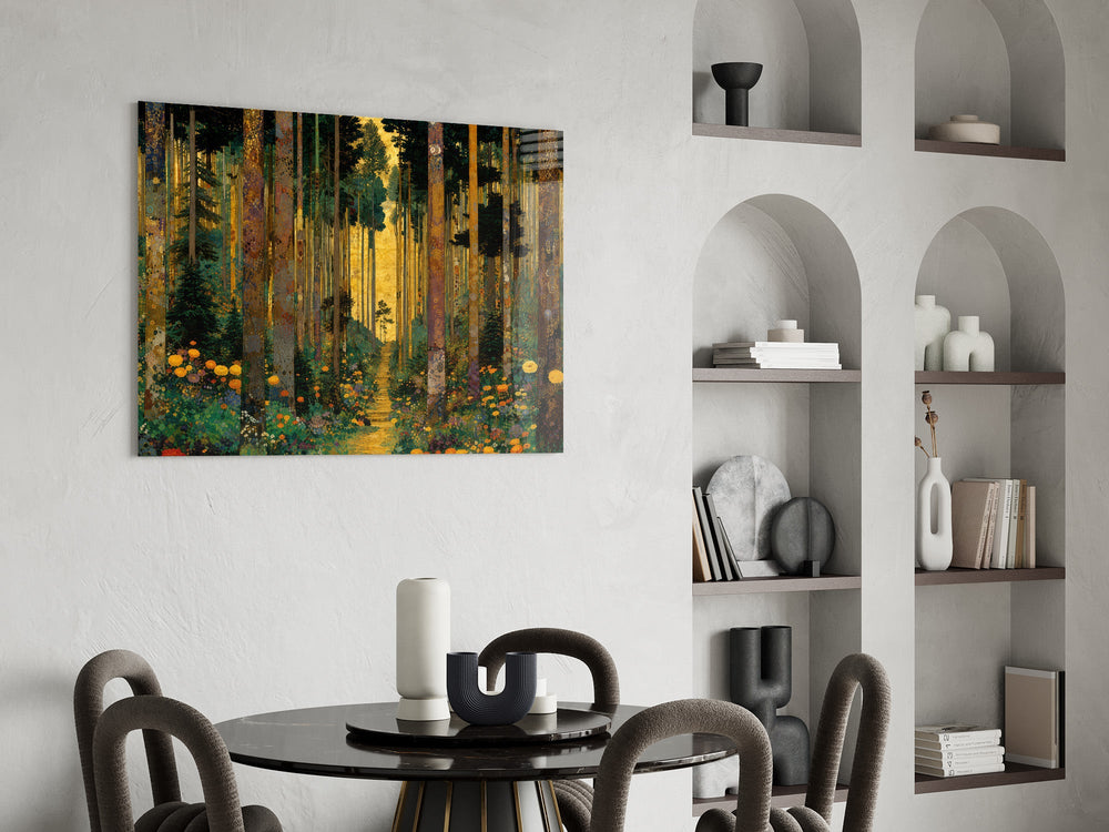 golden forest path through patterned trunks glass wall art leaning beside a dark leather sofa