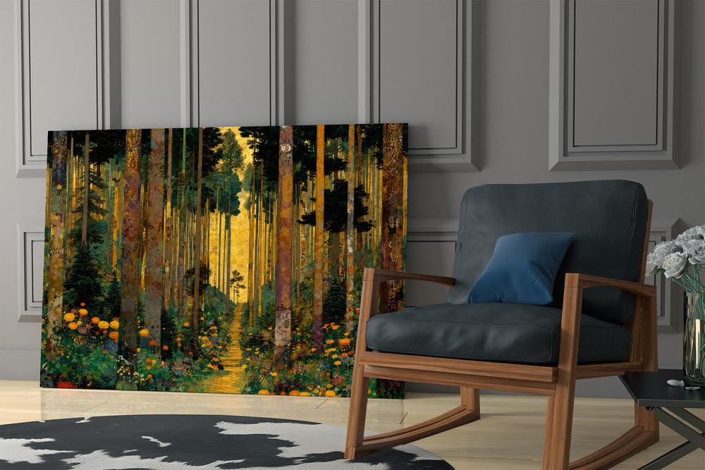 golden forest path through patterned trunks panel resting in a shelving niche in a modern interior