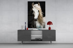 white horse portrait on black glass wall art styled in an atmospheric room setting
