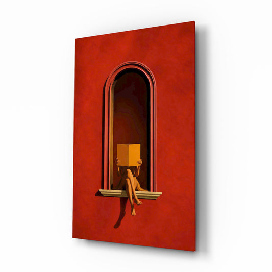 Red Wall Arched Niche Book Reader Glass Wall Art - Lifestyle preview in a designer interior
