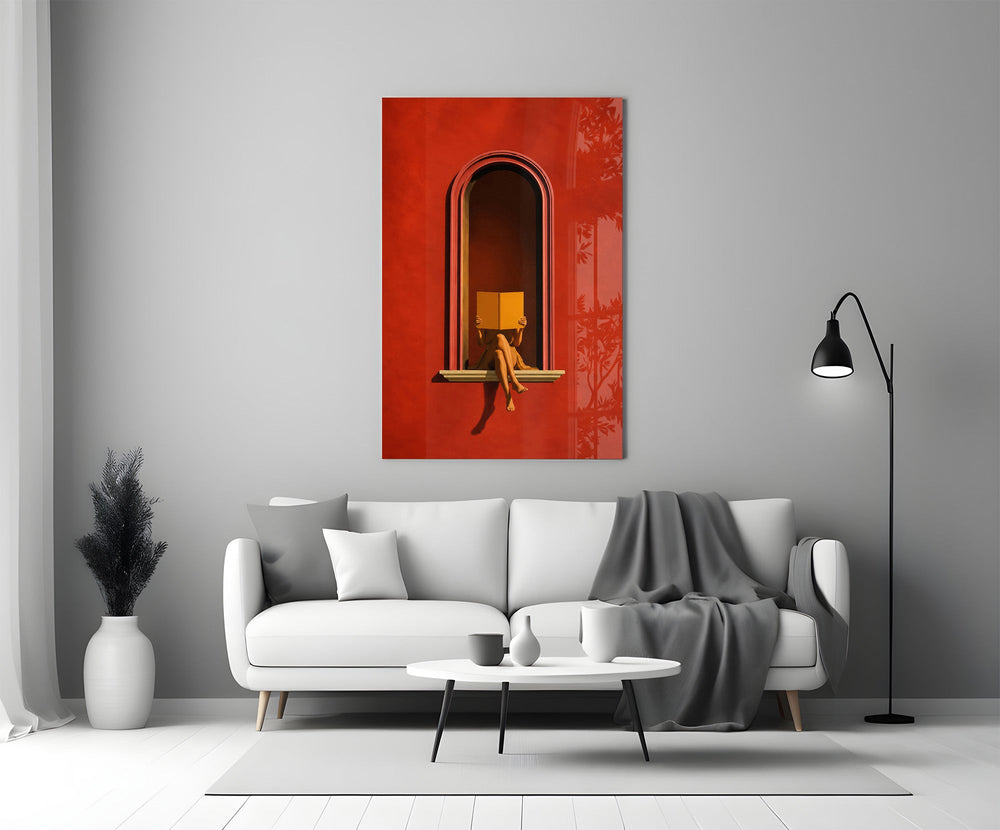 figure reading in a red arched niche panel bringing character to a minimalist living room wall