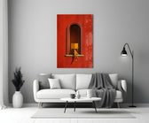figure reading in a red arched niche panel bringing character to a minimalist living room wall