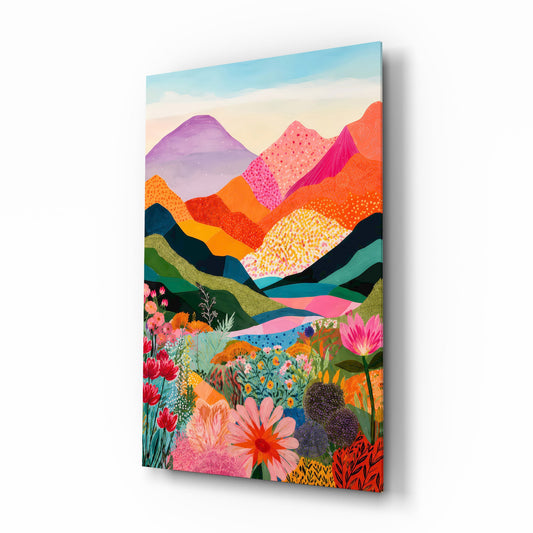 Vibrant Layered Mountains Wildflower Valley Glass Wall Art - Lifestyle preview in a designer interior