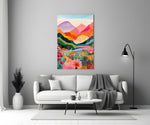 colorful layered mountains above a flower valley panel bringing character to a minimalist living room wall
