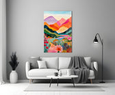colorful layered mountains above a flower valley panel bringing character to a minimalist living room wall