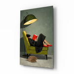 Woman Reading Red Book Green Armchair Glass Wall Art - Lifestyle preview in a designer interior
