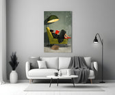 woman reading in a green armchair panel bringing character to a minimalist living room wall