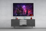 pirate galleon fleet under a purple sky glass wall art styled in an atmospheric room setting