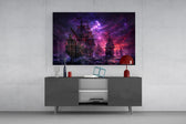 pirate galleon fleet under a purple sky glass wall art styled in an atmospheric room setting