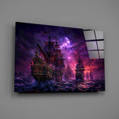 pirate galleon fleet under a purple sky glass wall art angled to show the polished tempered glass panel