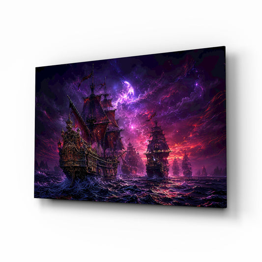 Pirate Galleon Fleet Crimson Purple Sky Glass Wall Art - Lifestyle preview in a designer interior
