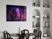 pirate galleon fleet under a purple sky glass wall art leaning beside a dark leather sofa