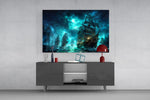 pirate ships in a glowing teal storm glass wall art styled in an atmospheric room setting