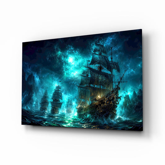 Ghost Pirate Ships Glowing Teal Storm Glass Wall Art - Lifestyle preview in a designer interior