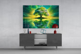 emerald tree of life on a mirror lake glass wall art styled in an atmospheric room setting