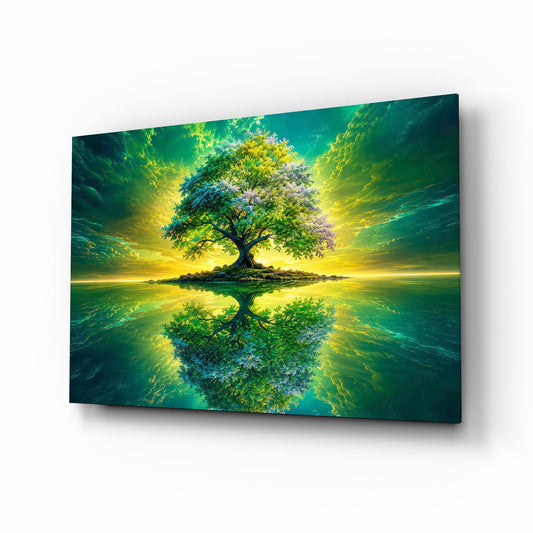 Emerald Tree of Life Mirrored Lake Glass Wall Art - Lifestyle preview in a designer interior